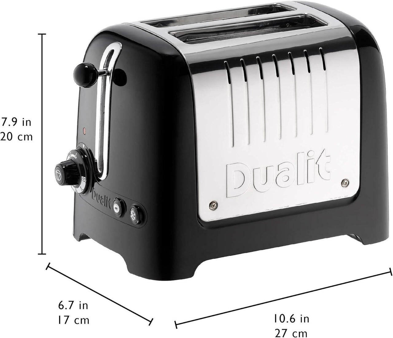 Black 2-slice toaster front view with chrome lever and stainless front plate