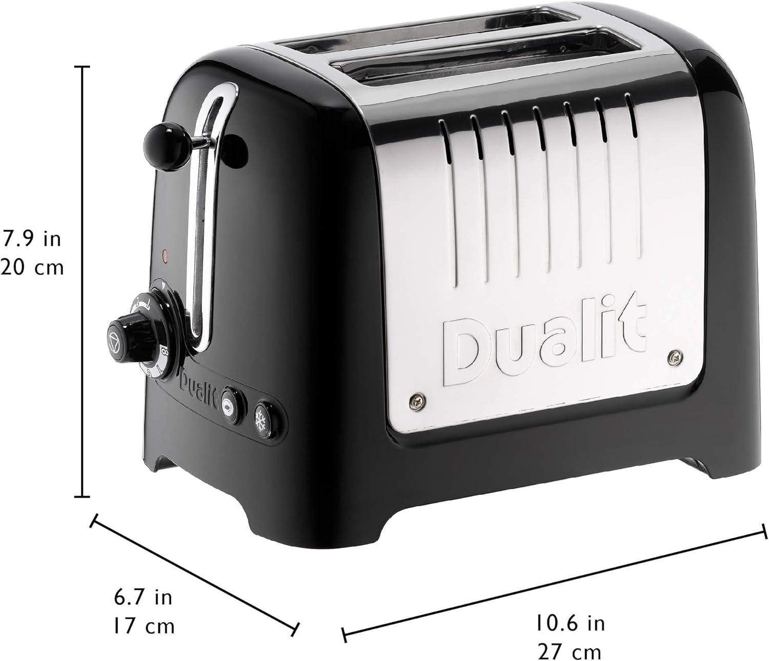 Black 2-slice toaster front view with chrome lever and stainless front plate