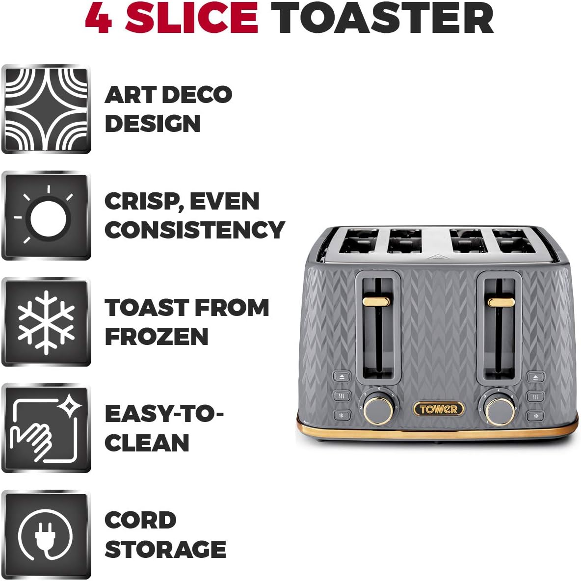 Tower Empire Kettle, 4 Slice Toaster & Canisters Kitchen Set (Grey)