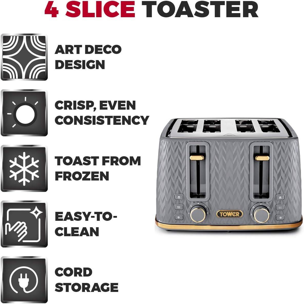 Grey 4-slice toaster with black slots, gold knobs, chevron textured front
