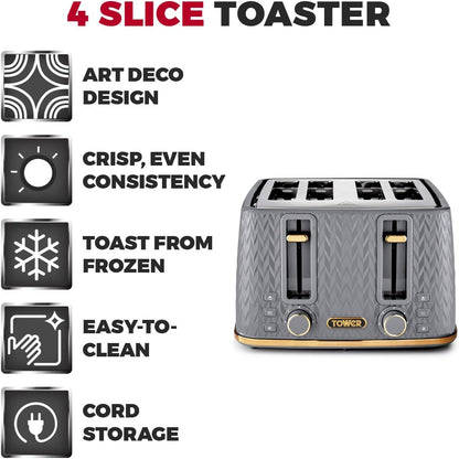 Tower Empire Kettle, 4 Slice Toaster & Canisters Kitchen Set (Grey)