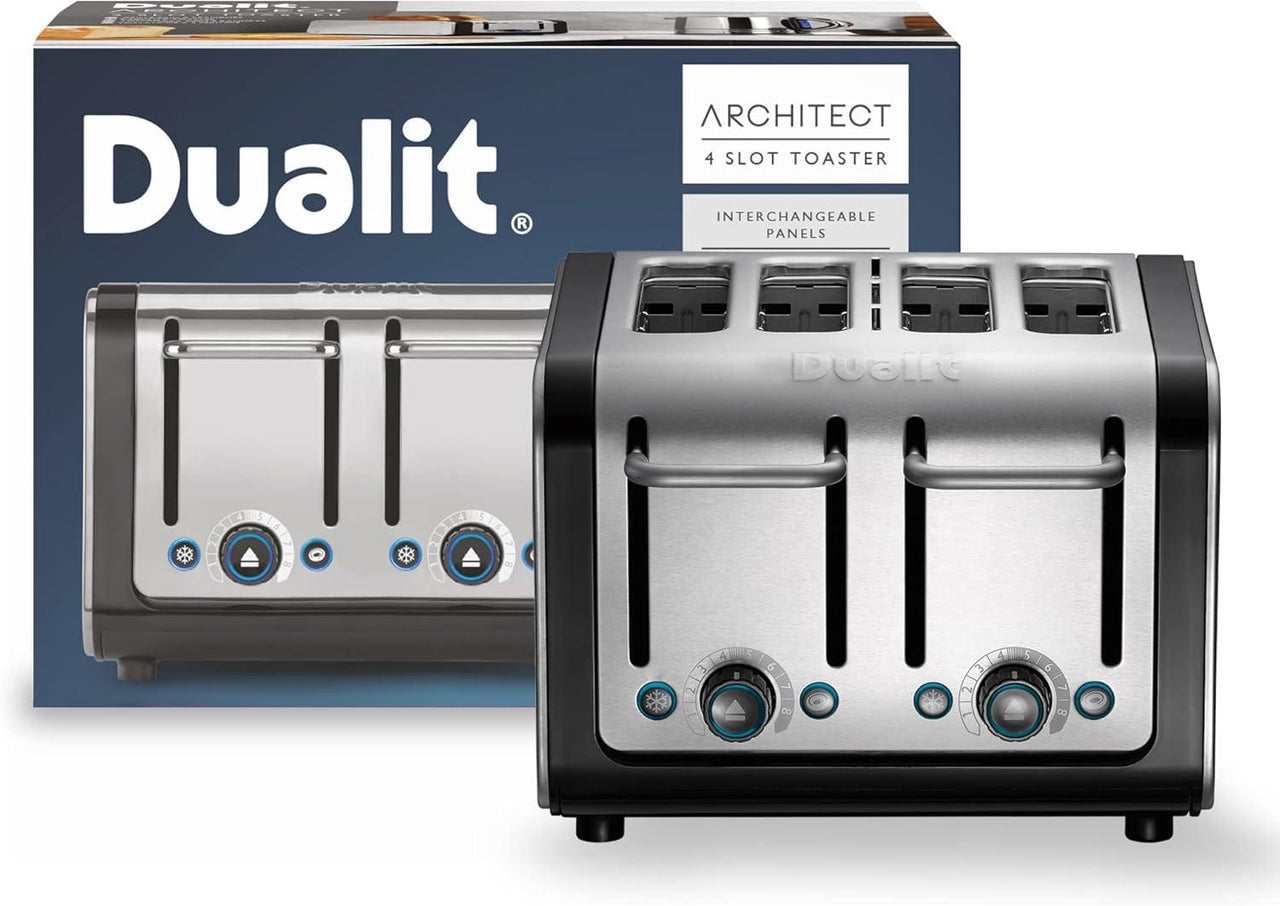 Stainless steel 4-slice toaster with black control knobs and two toasting levers