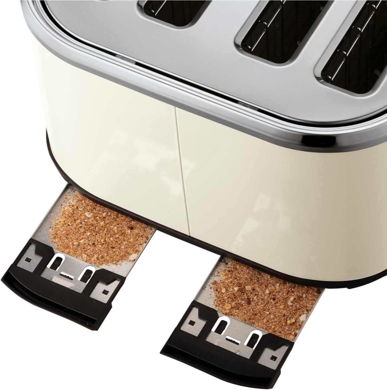 Cream 4-slice toaster front with crumb tray and browned toast pieces