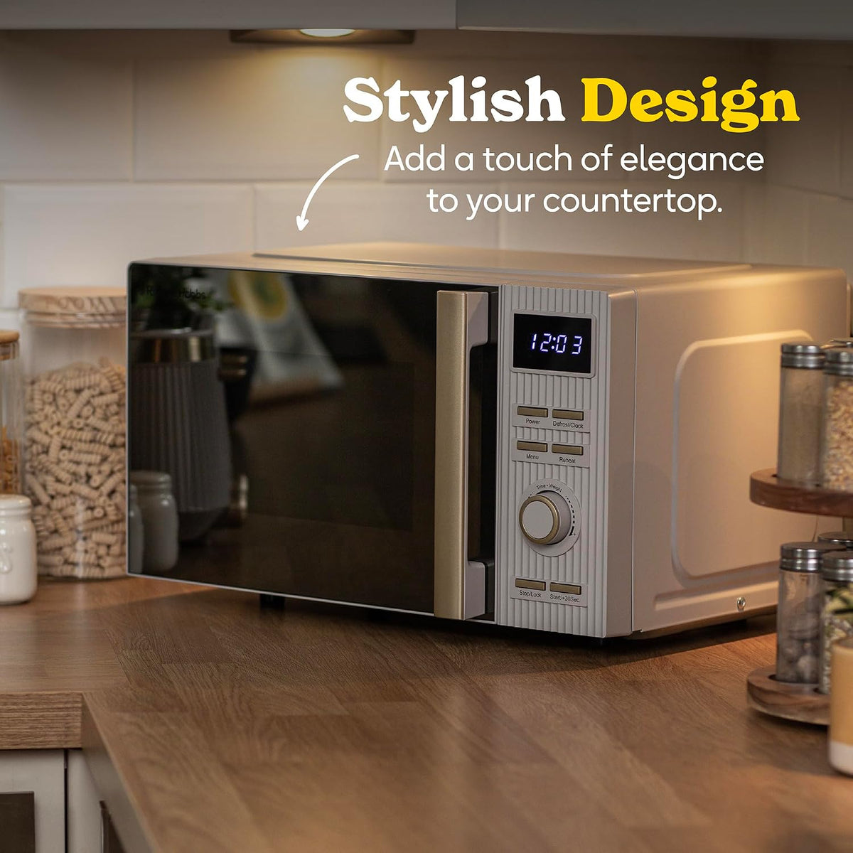 Russell Hobbs Bronte Kettle, 4 Slice Toaster & Digital Microwave Kitchen Set (Stone)