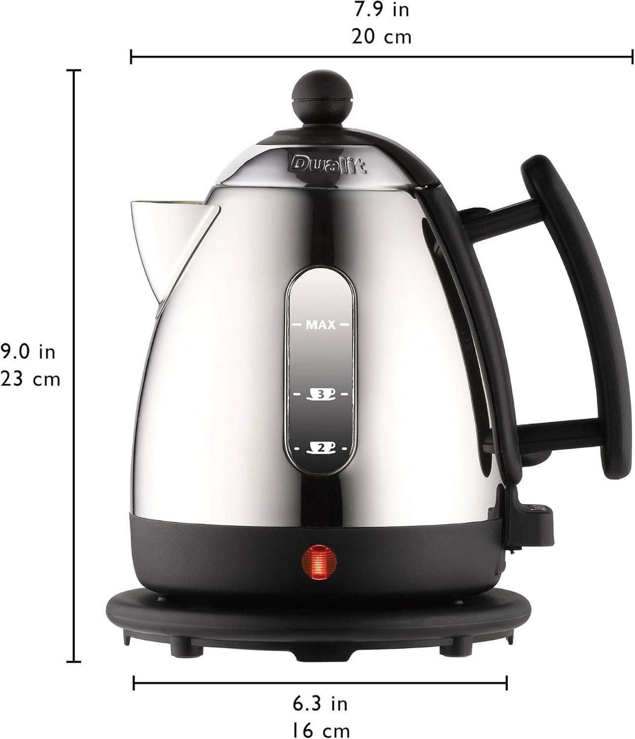 Stainless steel mini jug kettle with black handle and water level markings, product height diagram