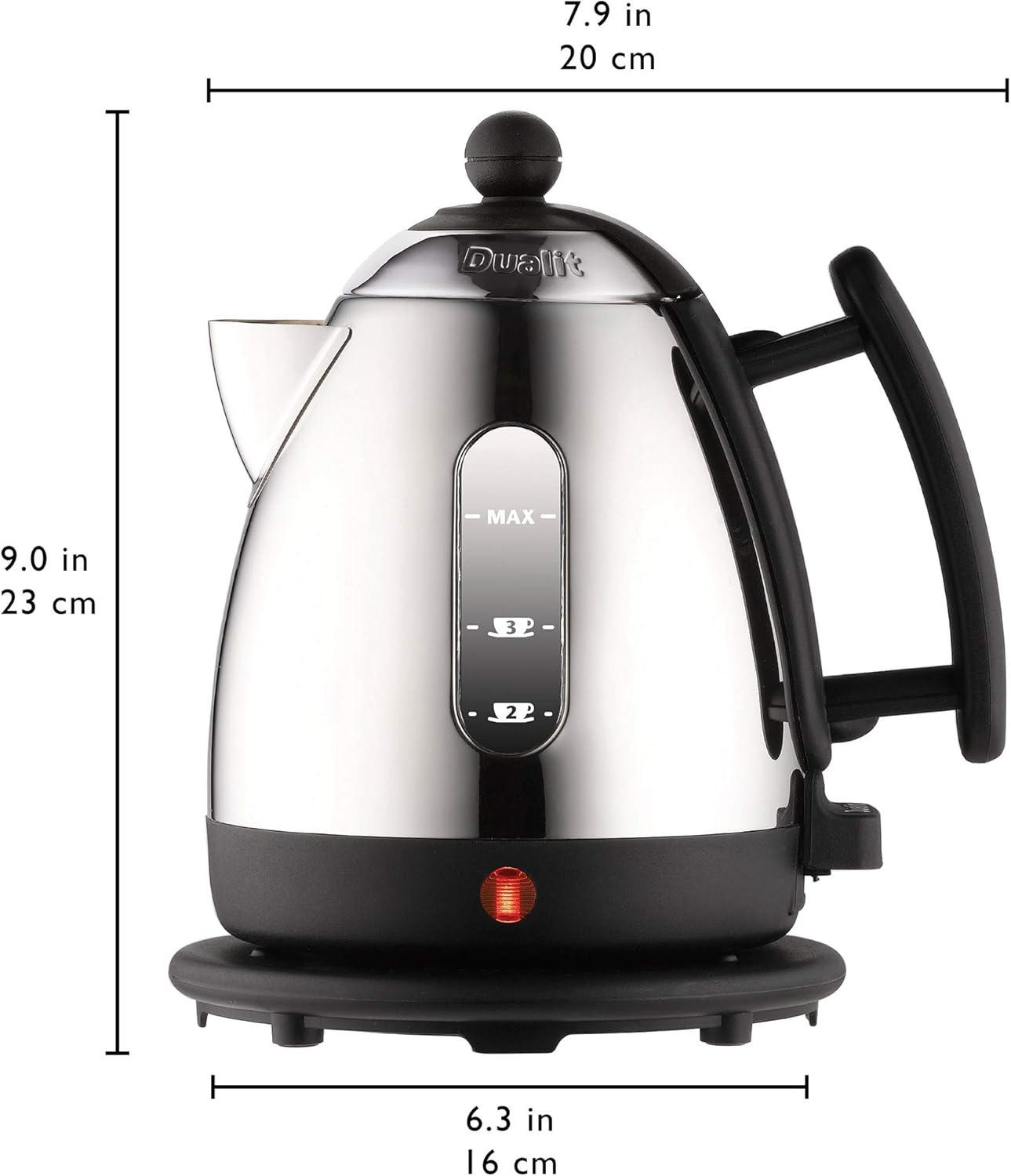 Stainless steel mini jug kettle with black handle and water level markings, product height diagram