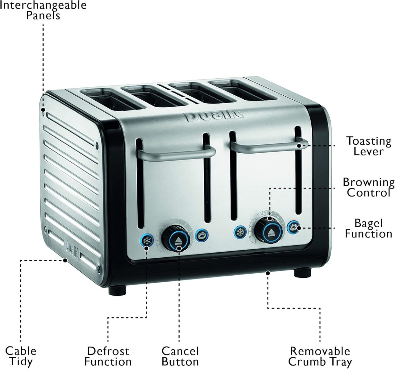 4-slice toaster front view with toasting lever and browning control knobs