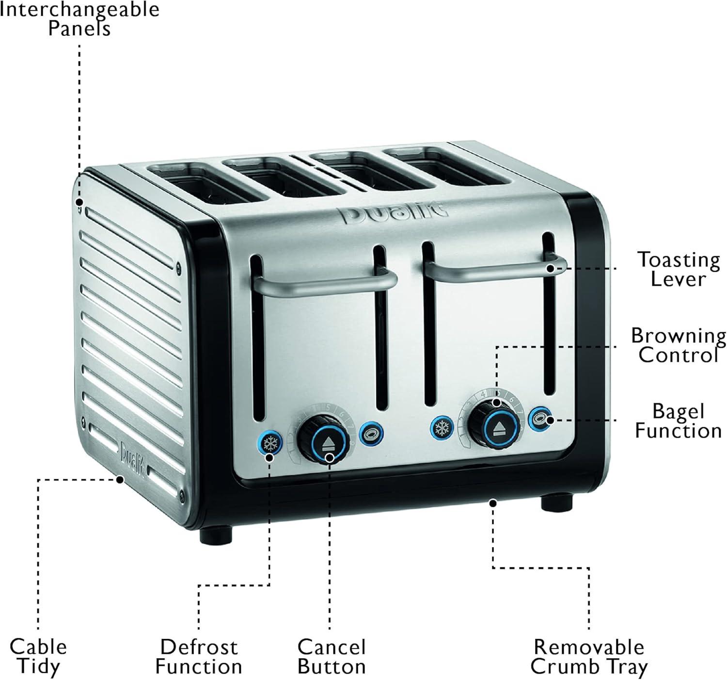 4-slice toaster front view with toasting lever and browning control knobs