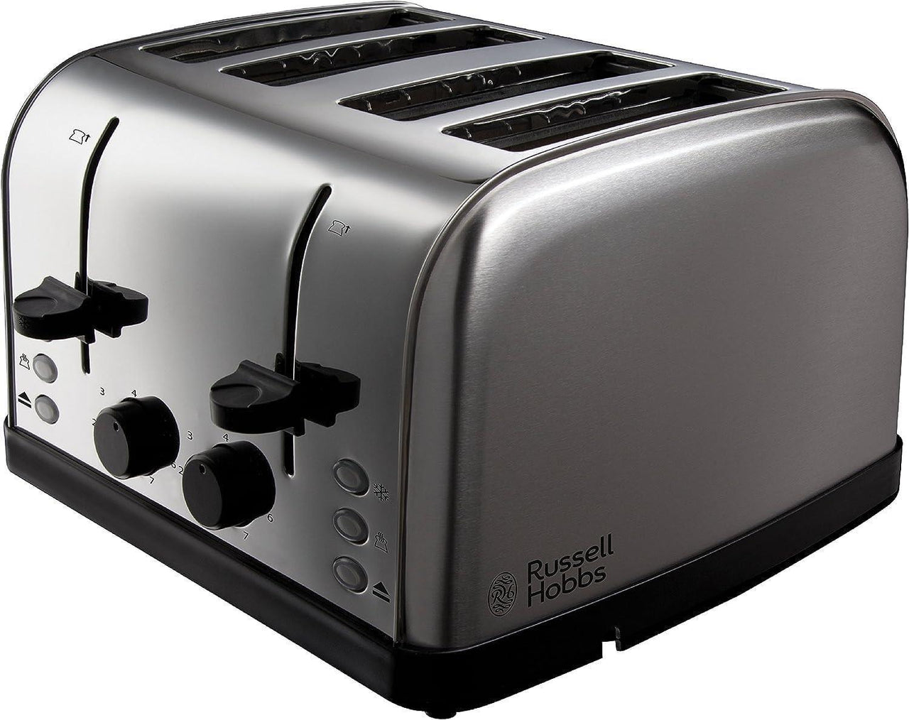 Silver 4-slice toaster with four toasting slots and black control knobs
