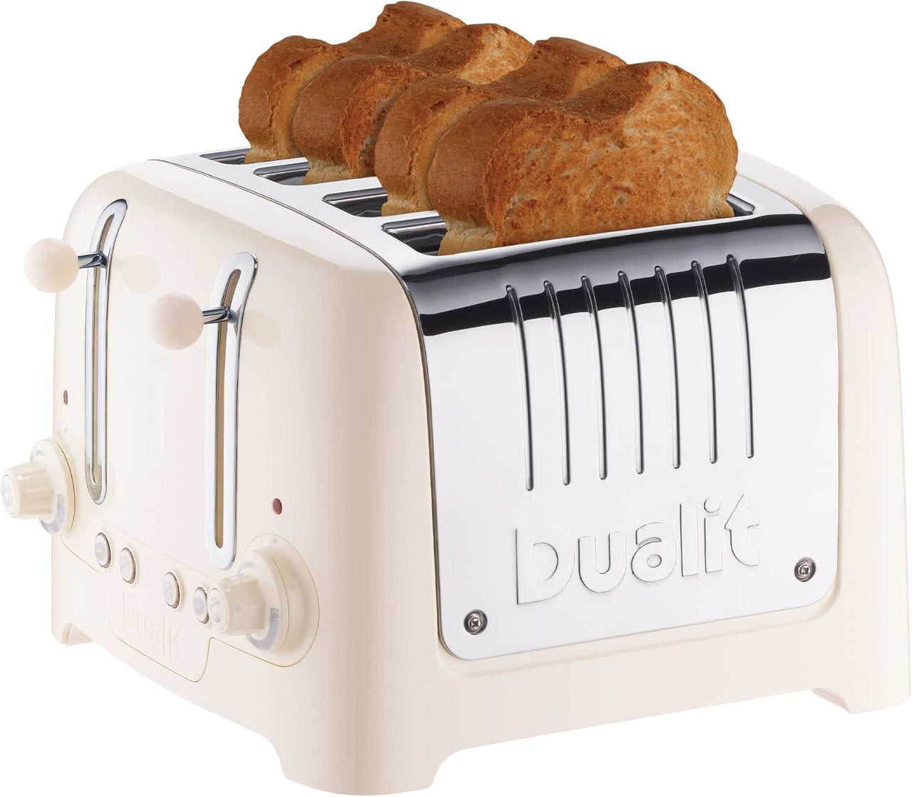 Cream Dualit 4-slice toaster with bread in slots and chrome control panel