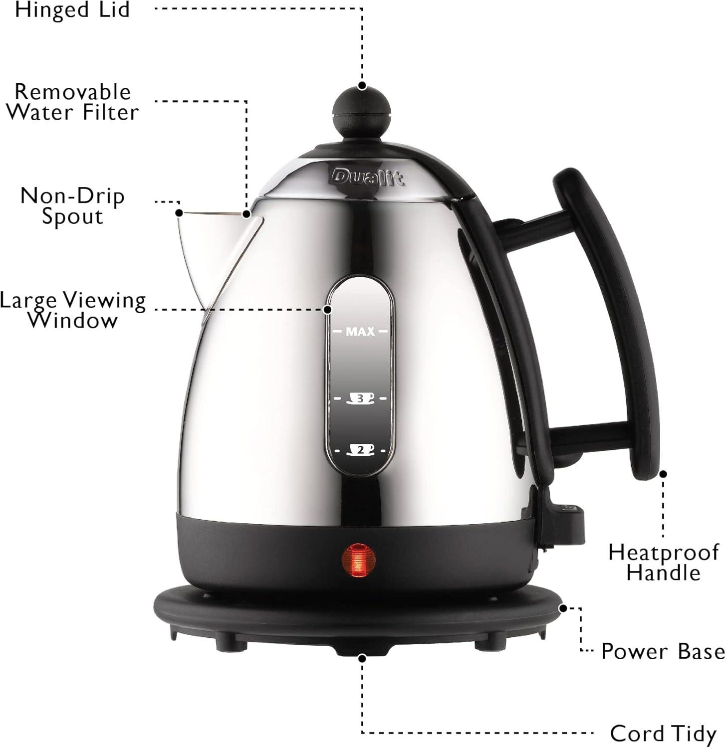 Stainless steel mini jug kettle with black handle and base, labeled parts diagram