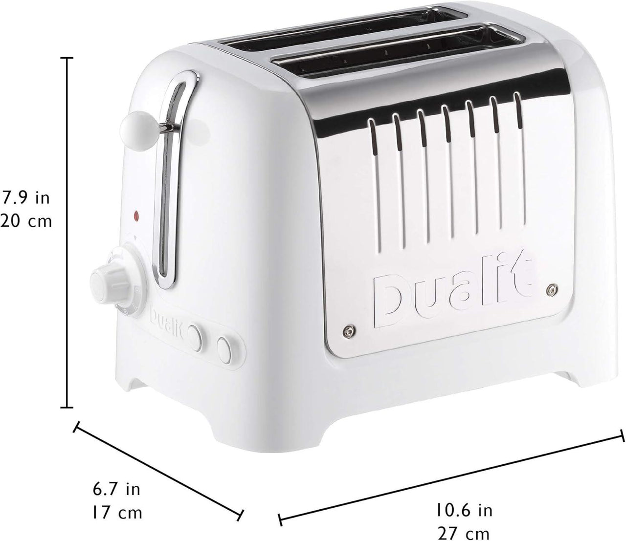 White Dualit Lite toaster with lever and extra-wide slots, size outline diagram