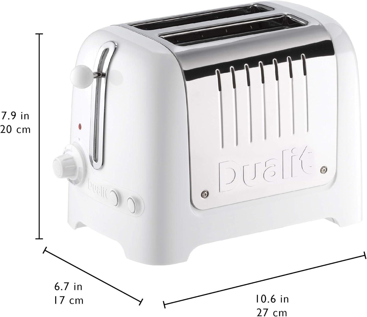 White Dualit Lite toaster with lever and extra-wide slots, size outline diagram