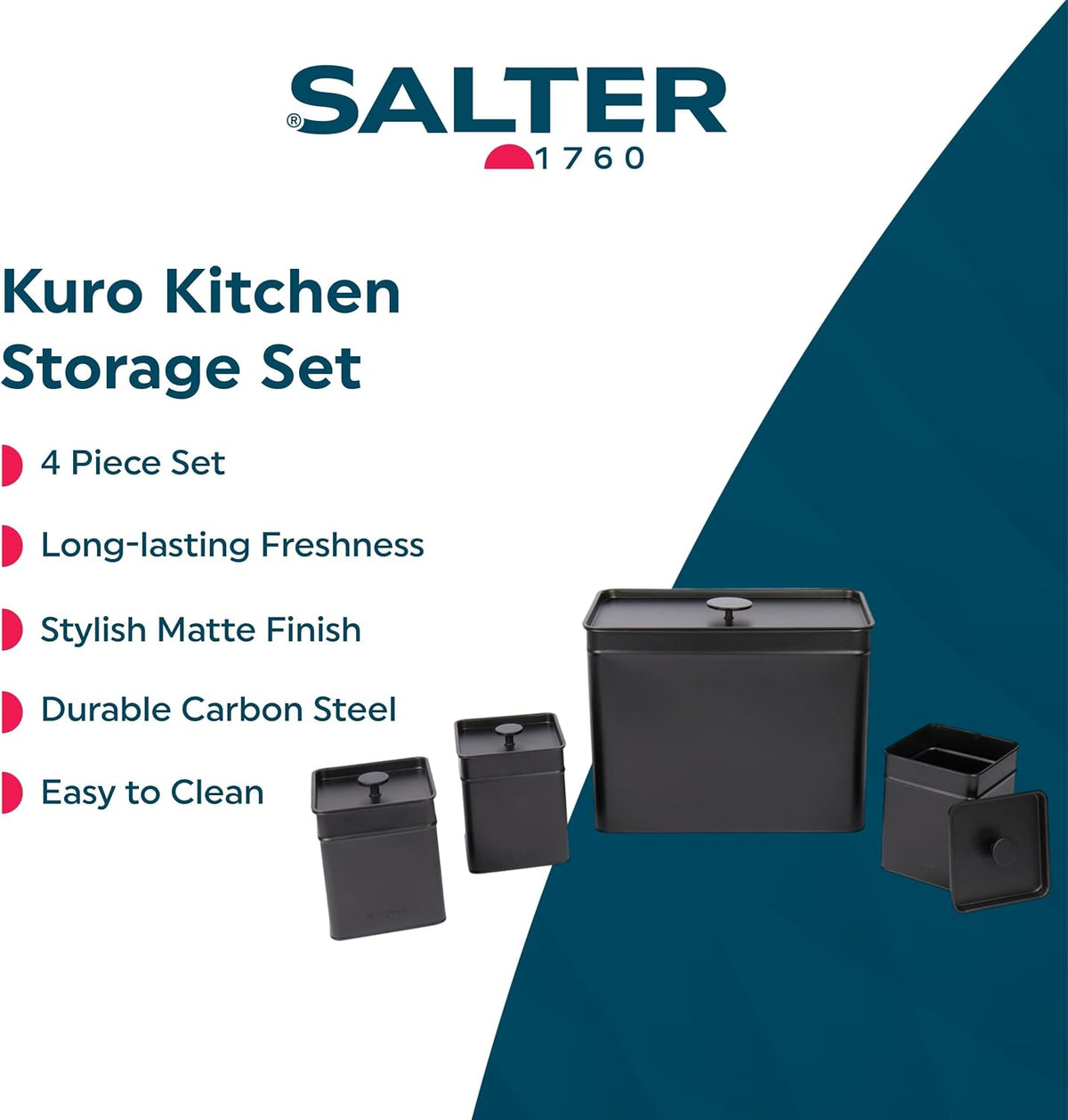 Salter Kuro Countertop Storage Set, Bread Bin & 3 Canisters BW126141EU7 (Matte Black)