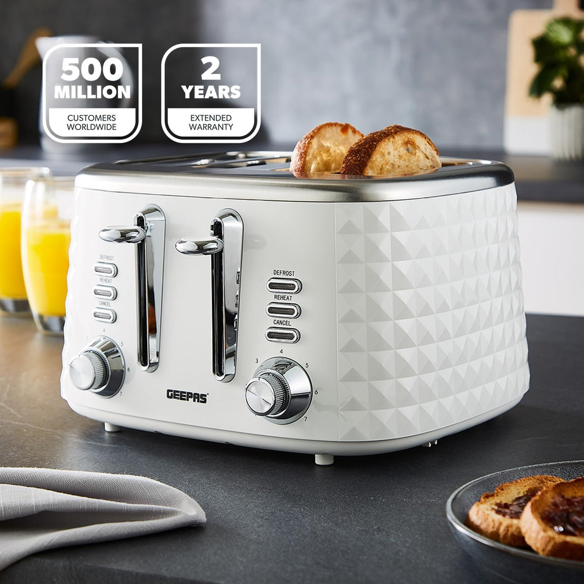 GEEPAS Argyle 4 Slice Toaster 1750W GBT36552UK-WT (White)