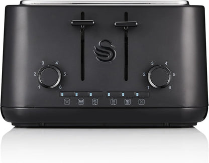 Swan Stealth Kettle, 4 Slice Toaster, Bread Bin & Canisters Kitchen Set (Black)