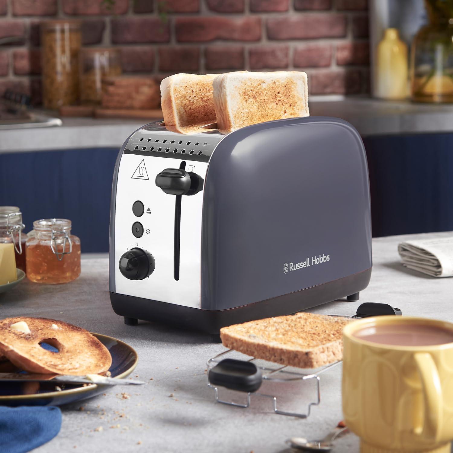 Grey Russell Hobbs 2-slice toaster on countertop with two toasting slots