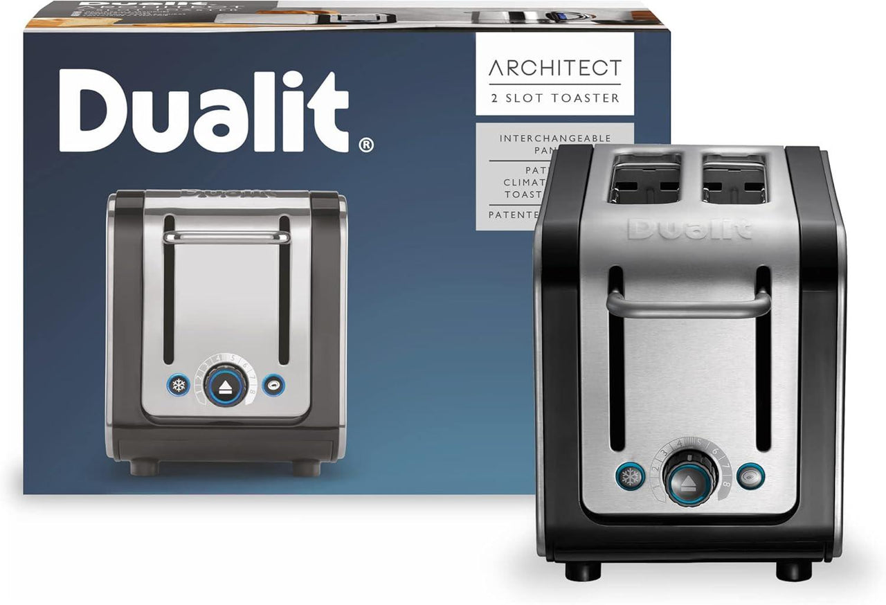 Black 2-slice toaster with stainless steel sides and dual browning controls.
