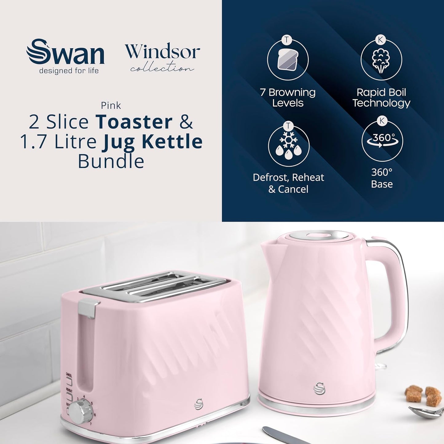Swan Windsor Breakfast Essentials Bundle Kettle and Toaster Pink EEJB428