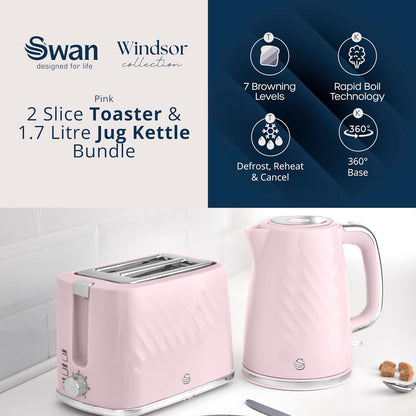 Swan Windsor Breakfast Essentials Bundle Kettle and Toaster Pink EEJB428