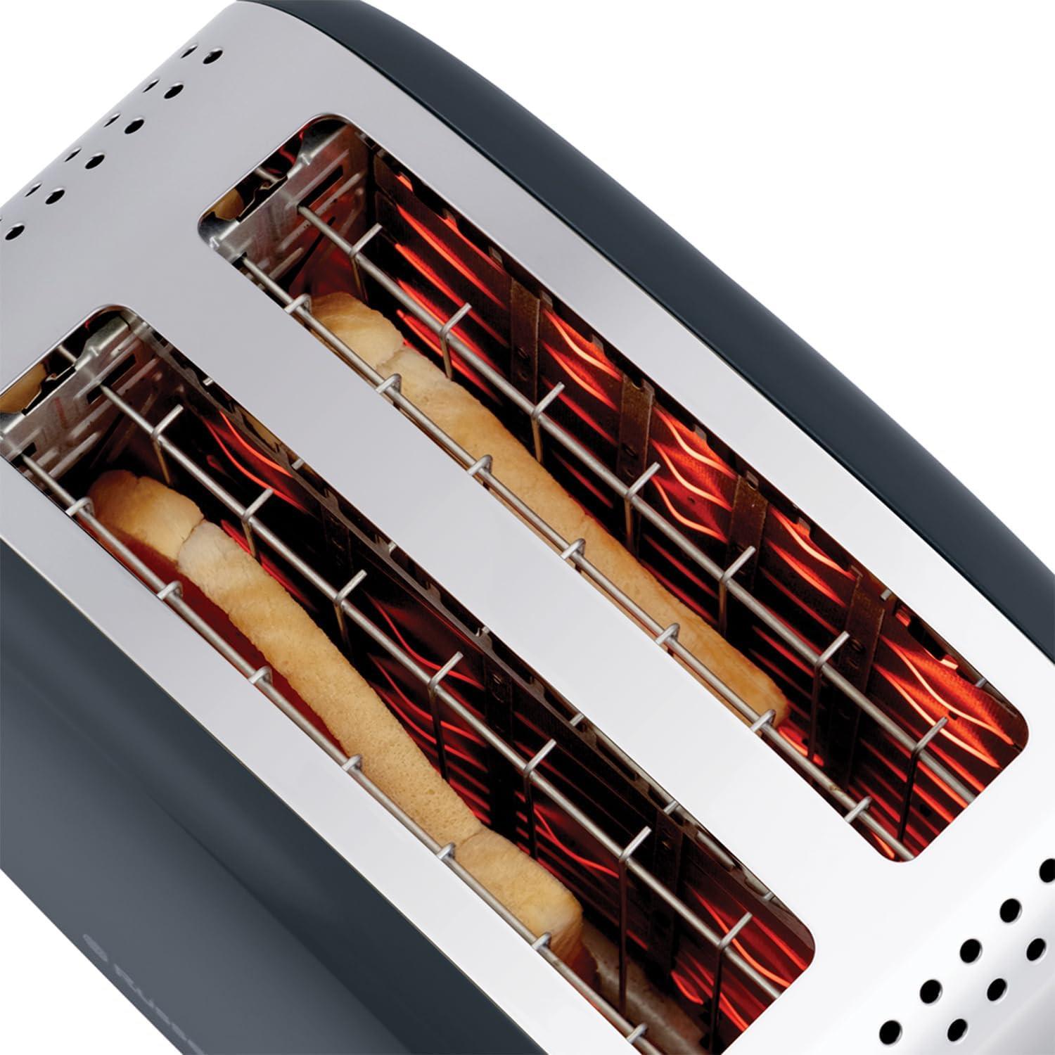Open grey toaster showing two metal heating elements and toasting slots