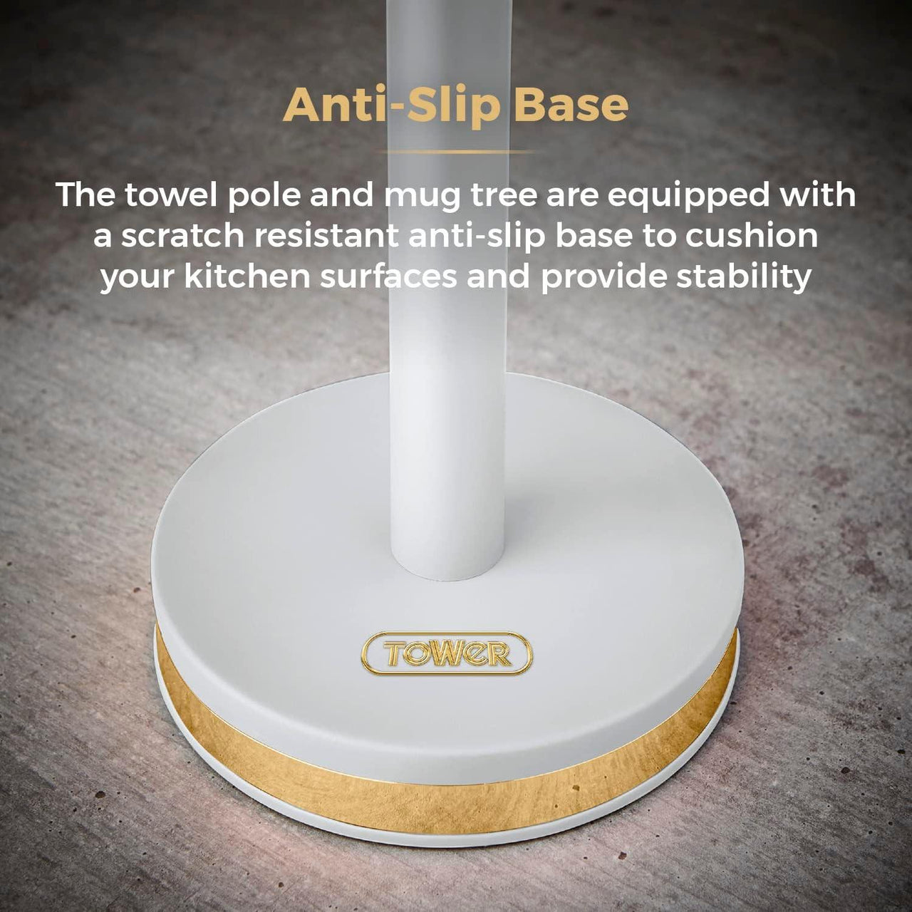 Optic White anti-slip base for towel pole and mug tree with gold “TOWER” badge