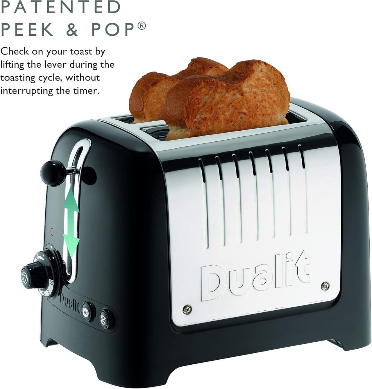 Black Dualit 2-slice toaster front view with toast-lift lever position shown