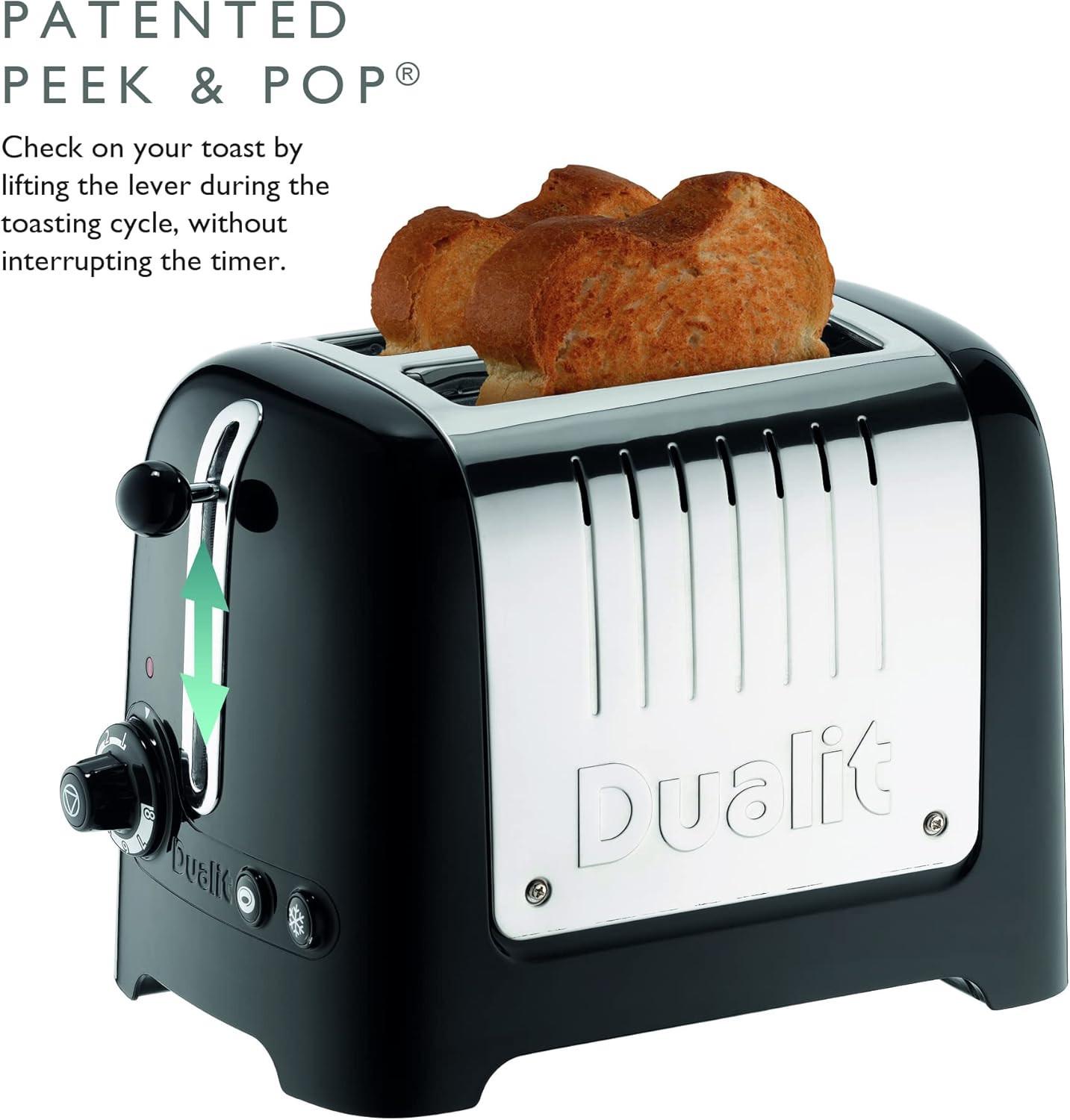 Black Dualit 2-slice toaster front view with toast-lift lever position shown