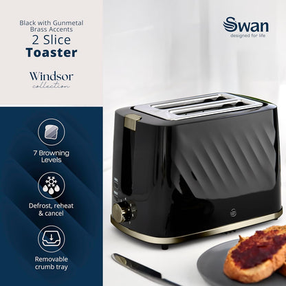 Swan Windsor Textured Kettle & 2 Slice Toaster Set (Black/Gunmetal Brass Trim)