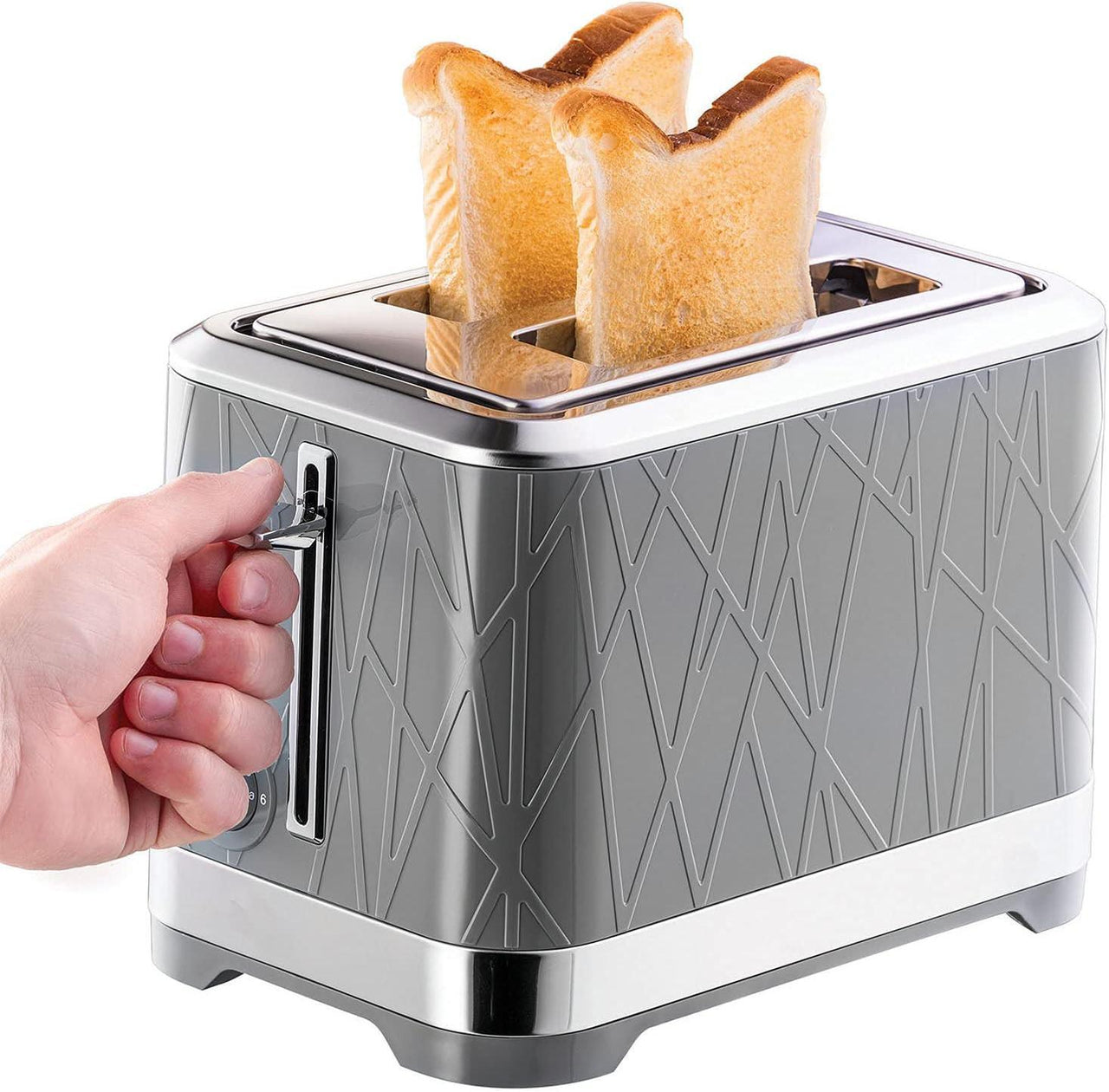 Grey 2-slice toaster with toast and a hand holding the side lever