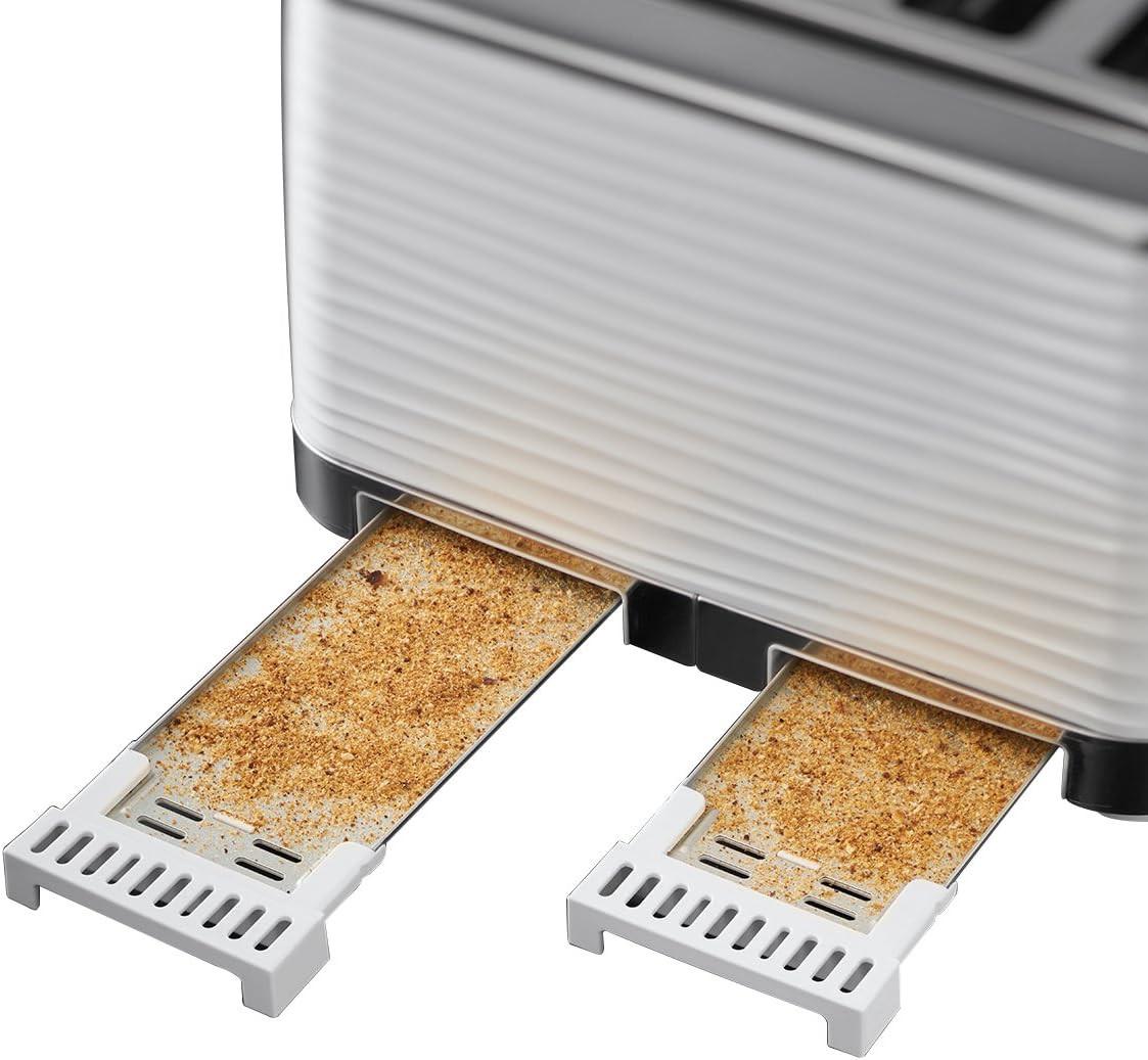 White 4-slice toaster with open crumb tray showing toasted bread slices