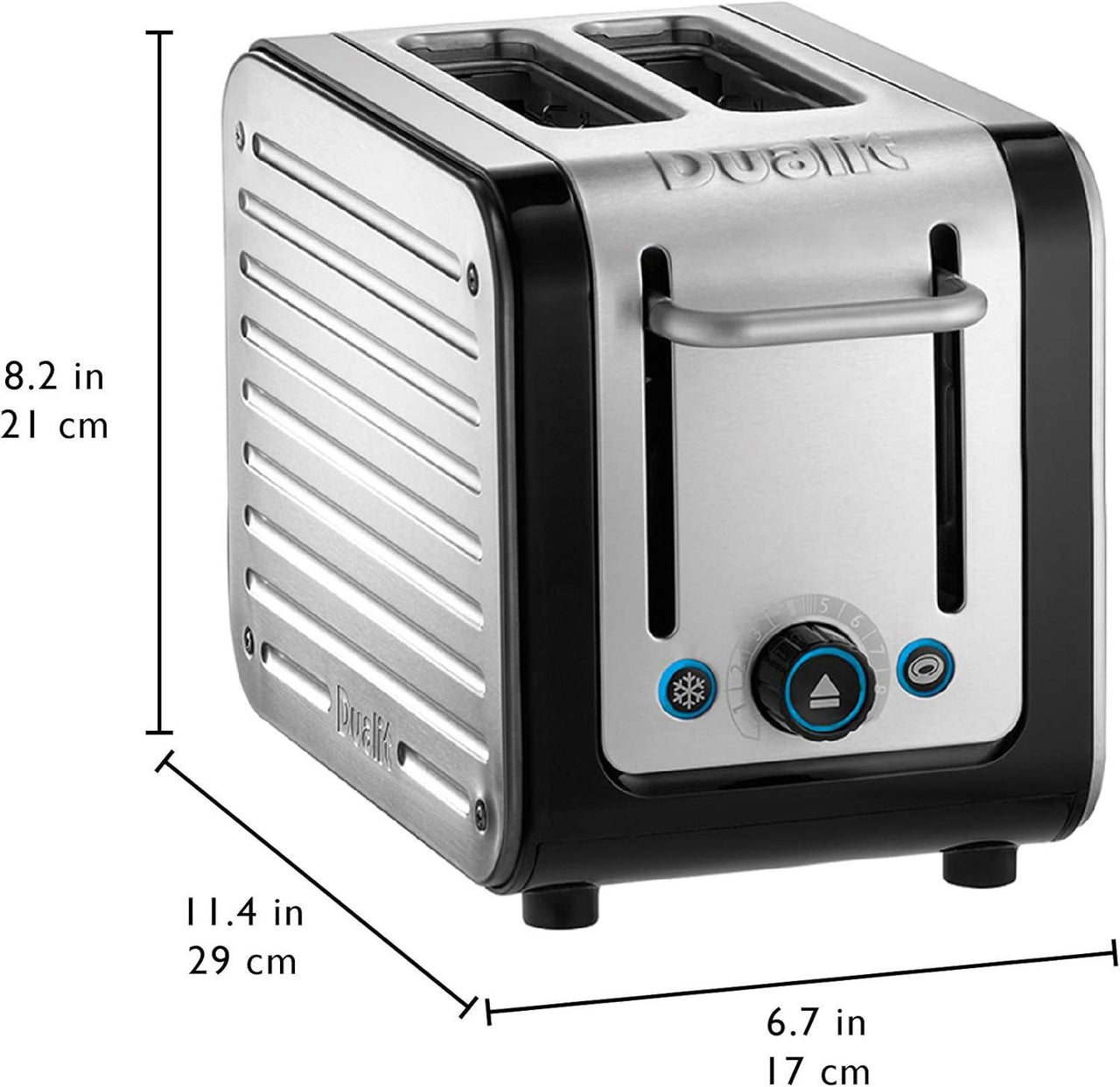 Black and silver 2-slice toaster with side grates and adjustable browning dials.