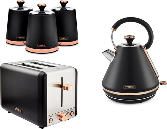 Tower Cavaletto Kettle, 2 Slice Toaster & Canisters Kitchen Set (Black)