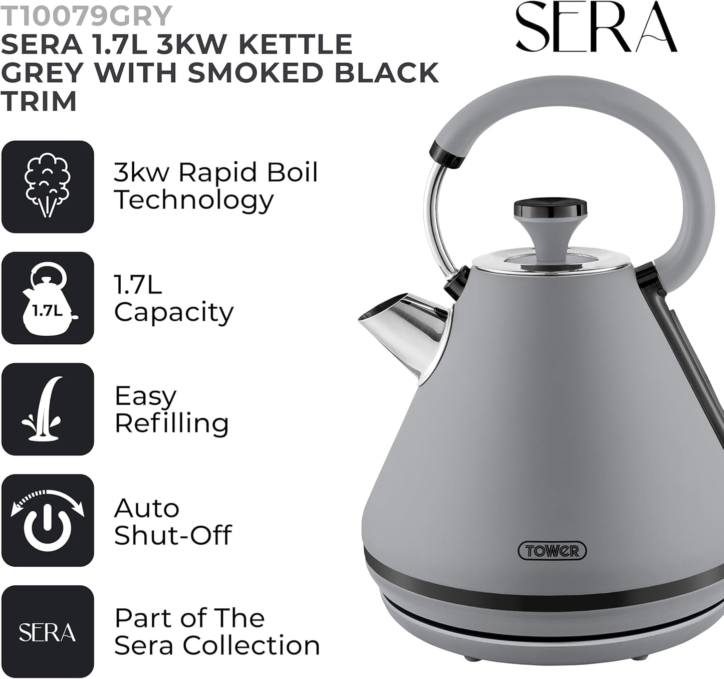 Tower Sera Kettle & 4 Slice Toaster Kitchen Set (Grey)