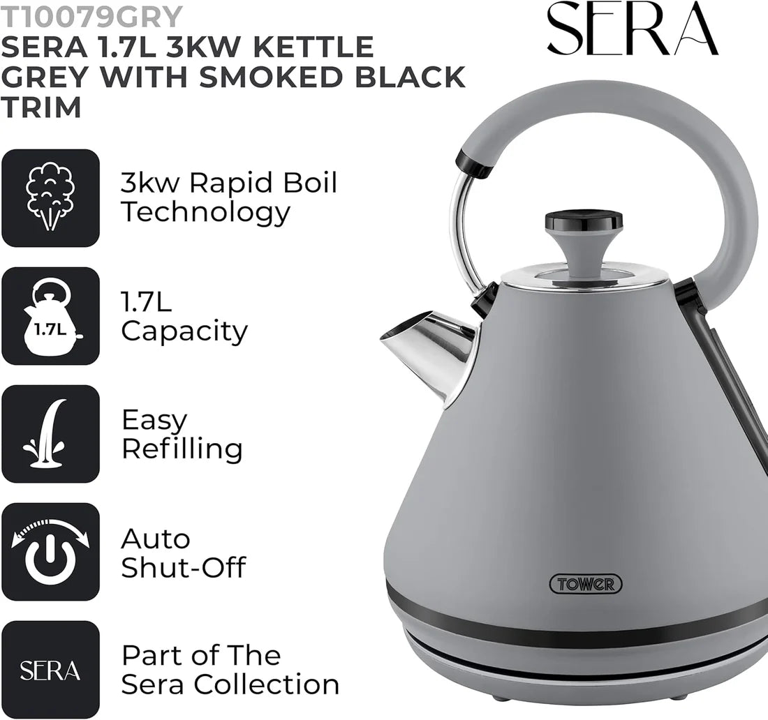 Tower Sera Kettle, 4 Slice Toaster & Canisters Kitchen Set (Grey)