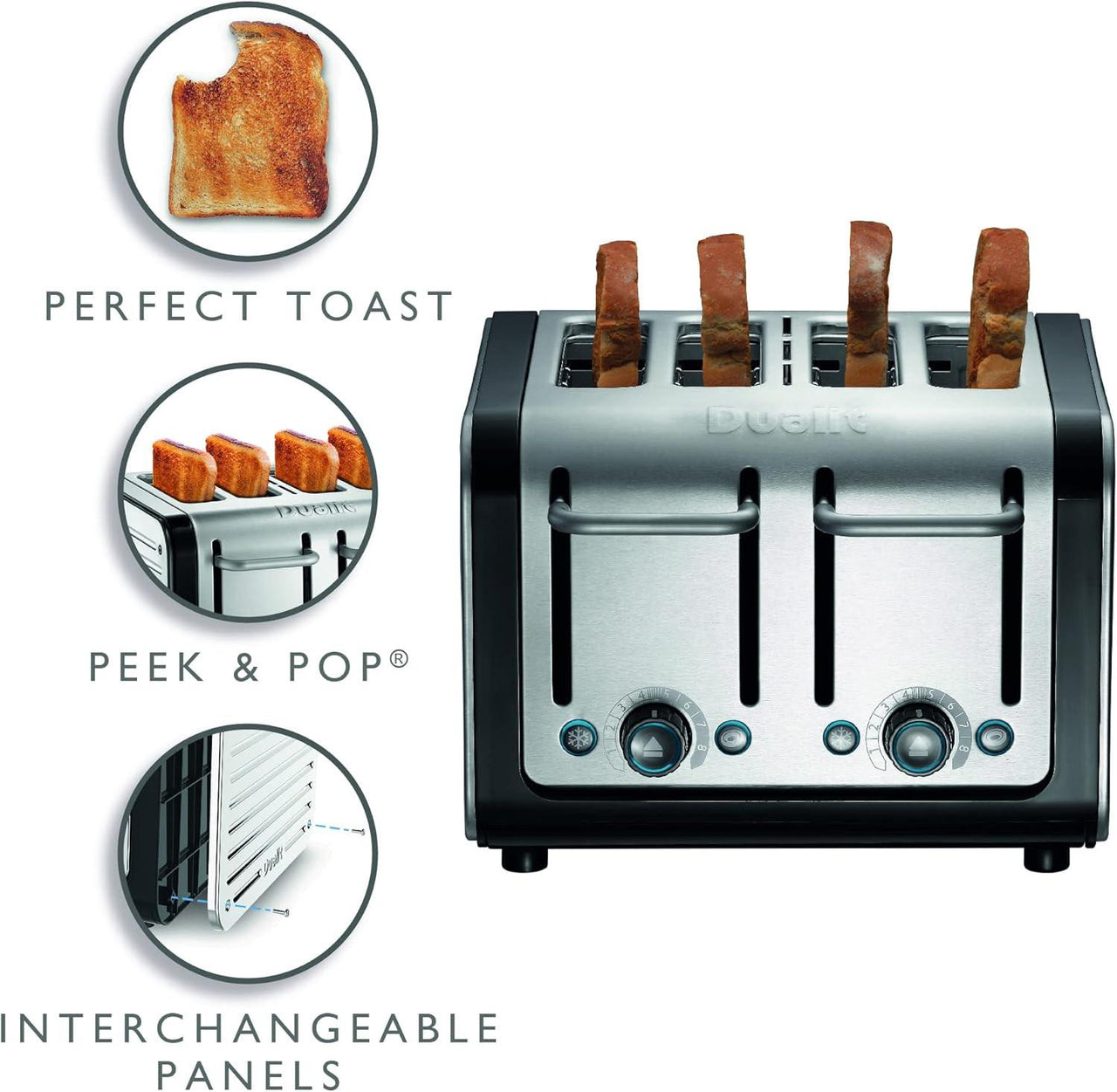 Stainless steel 4-slice toaster with black levers; toast slices pictured in slots