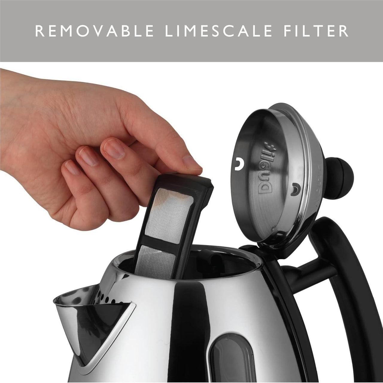 Stainless steel kettle with removable limescale filter being lifted, black spout and handle