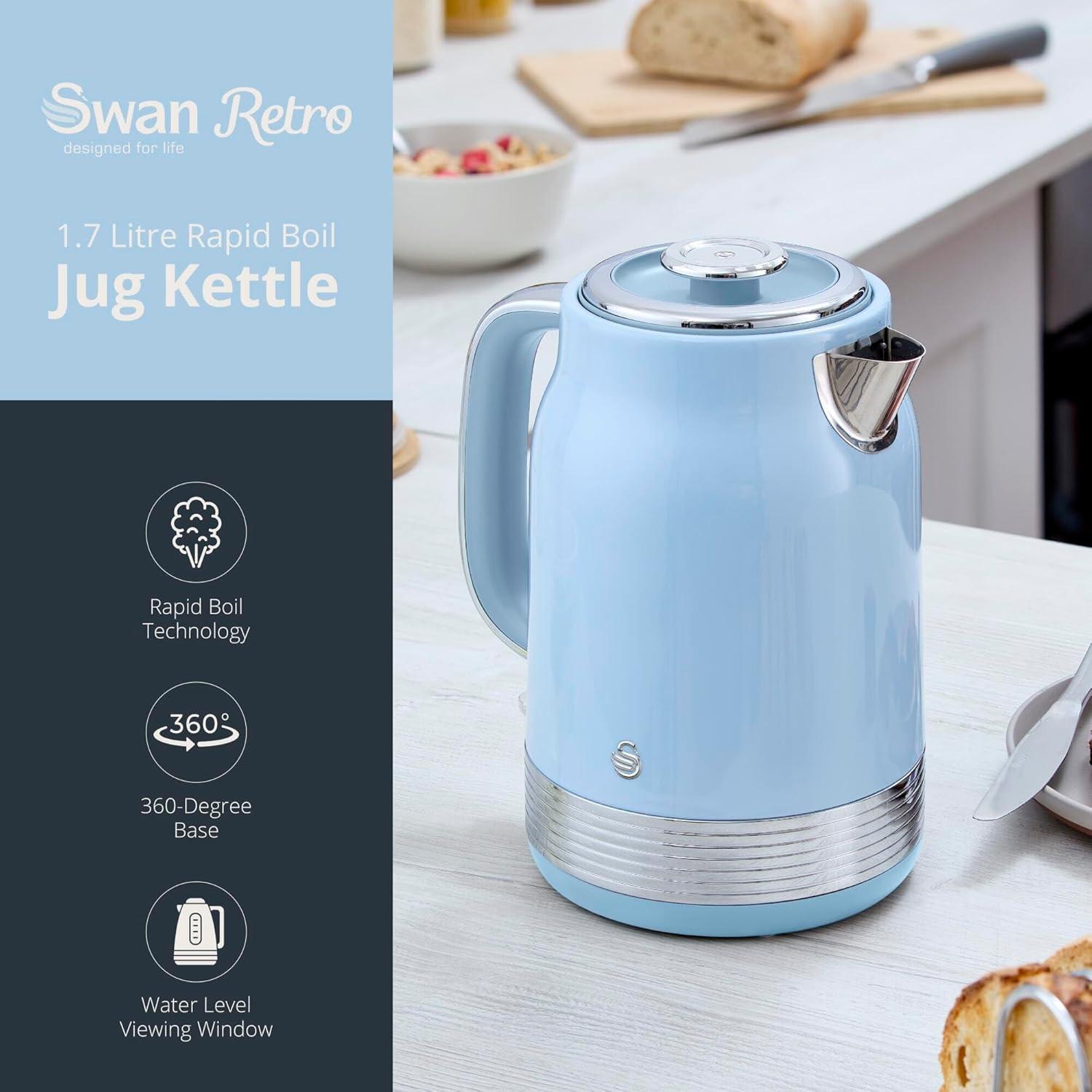 Swan Retro Jug Kettle, 4 Slice Toaster & Canisters Kitchen Set (Blue) - Vibe Home