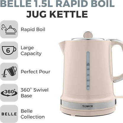 Tower Belle Kettle, Toaster, Bread Bin & Canisters Kitchen Set (Chantilly Cream)