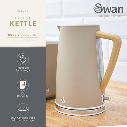 Swan Nordic Kettle & 4 Slice Toaster Kitchen Set Wood Accents (Oatmeal)