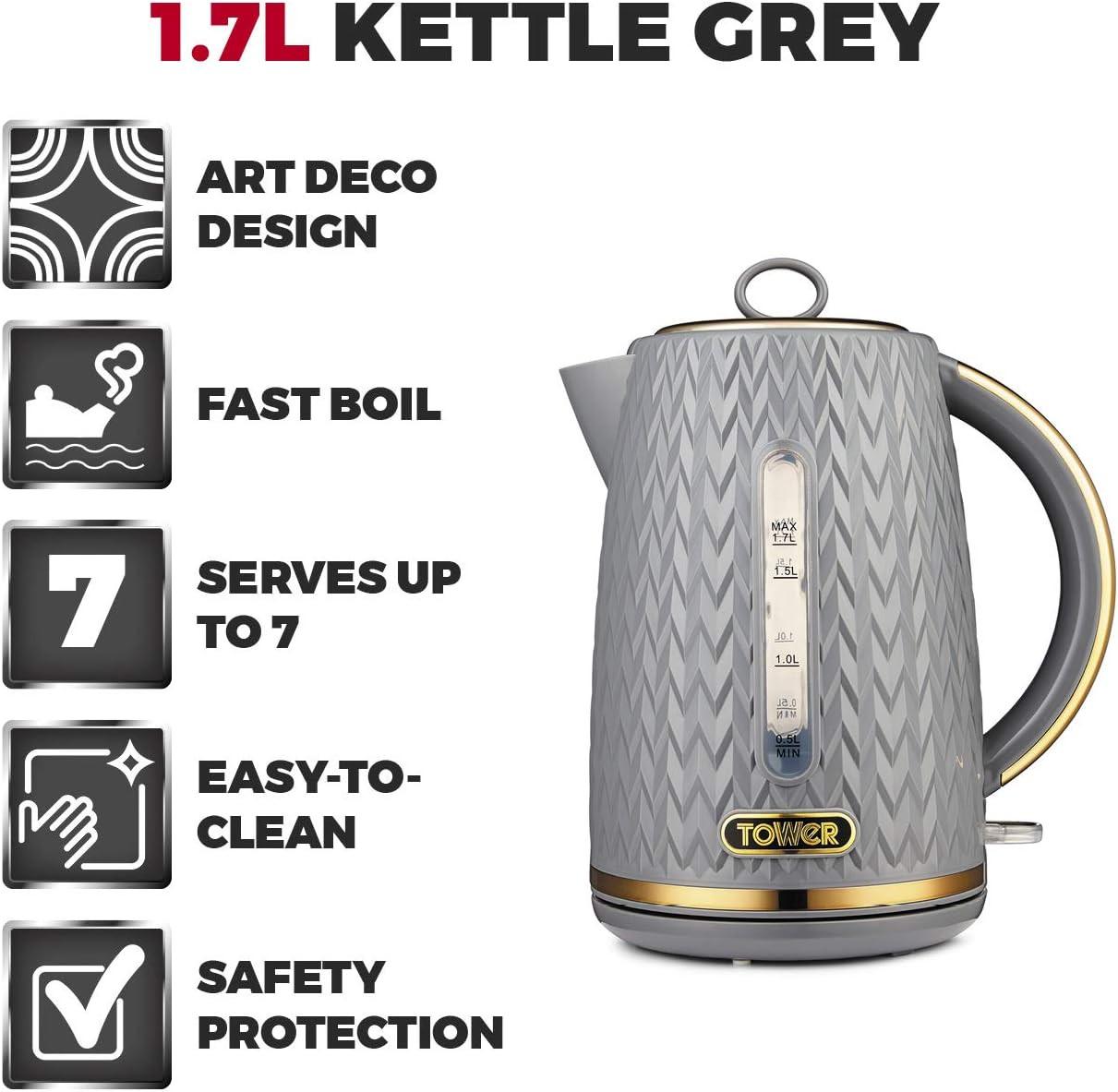 Grey electric kettle with chevron pattern, gold handle and base, water level markings