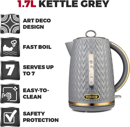 Tower Empire Kettle, 4 Slice Toaster & Canisters Kitchen Set (Grey)