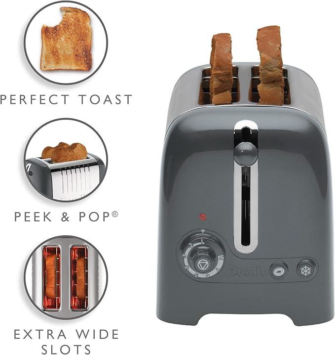 Grey 2-slice toaster front close-up with lever, browning dial, and twin slots