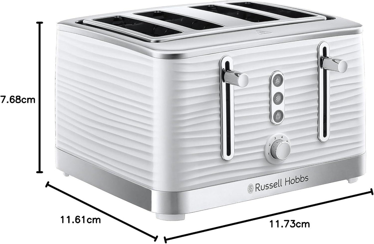 White 4-slice toaster front view with size dimensions and Russell Hobbs logo