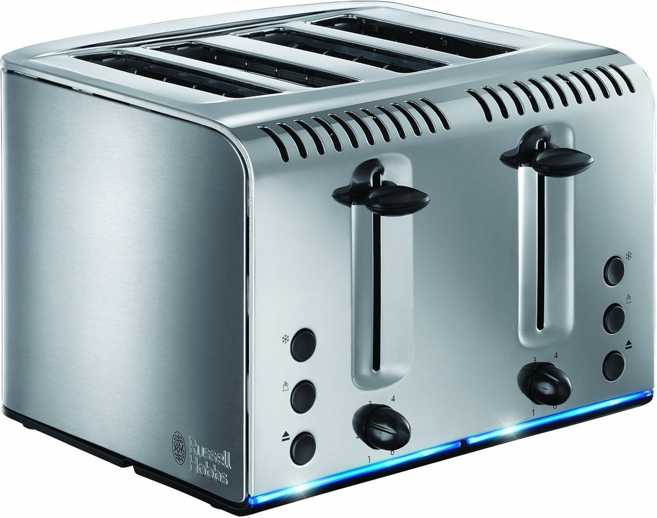Stainless steel 4-slice toaster front view with blue illuminated light strip