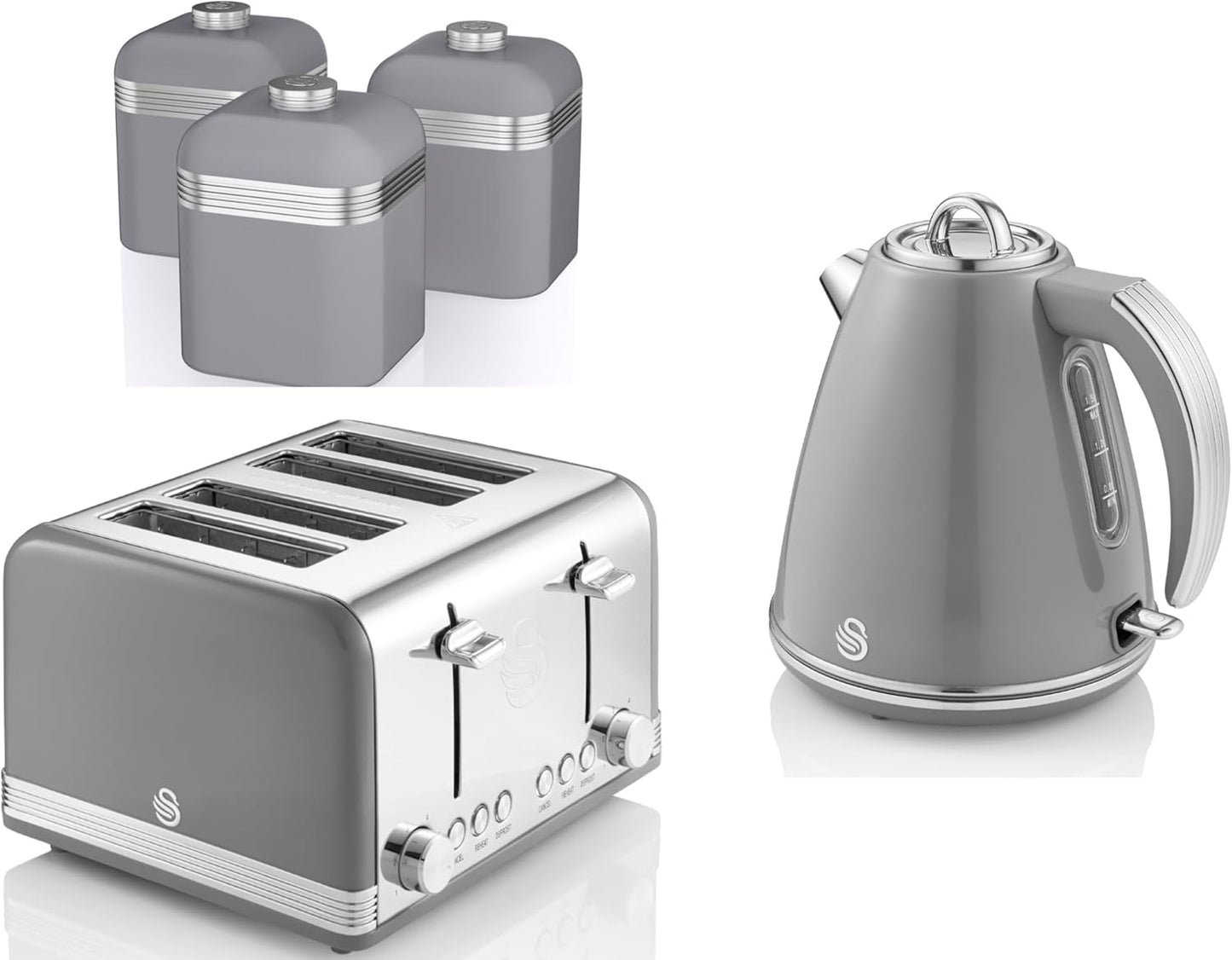 Swan Retro Kettle, 4 Slice Toaster & Canisters Kitchen Set (Grey)