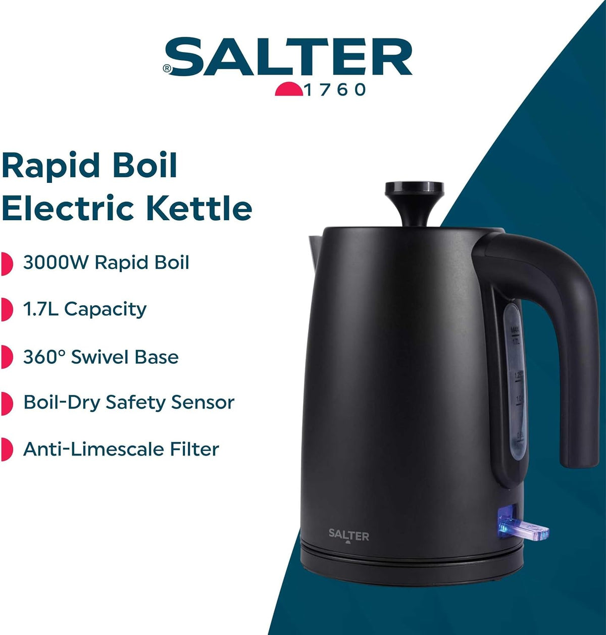 Salter Kuro Kettle, 4 Slice Toaster, Bread Bin & Canisters Kitchen Set (Matte Black)