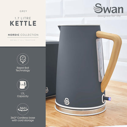 Swan Nordic Jug Kettle, 2 Slice Toaster & Microwave Kitchen Set (Grey)