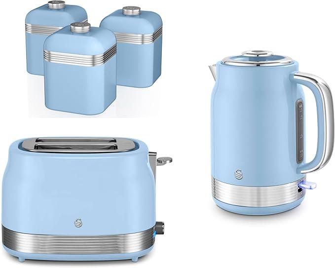 Swan Retro Jug Kettle, 2 Slice Toaster & Canisters Kitchen Set (Blue) - Vibe Home