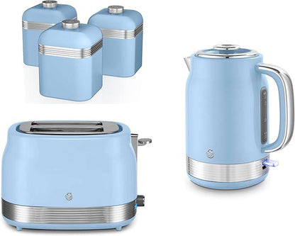 Swan Retro Jug Kettle, 2 Slice Toaster & Canisters Kitchen Set (Blue) - Vibe Home